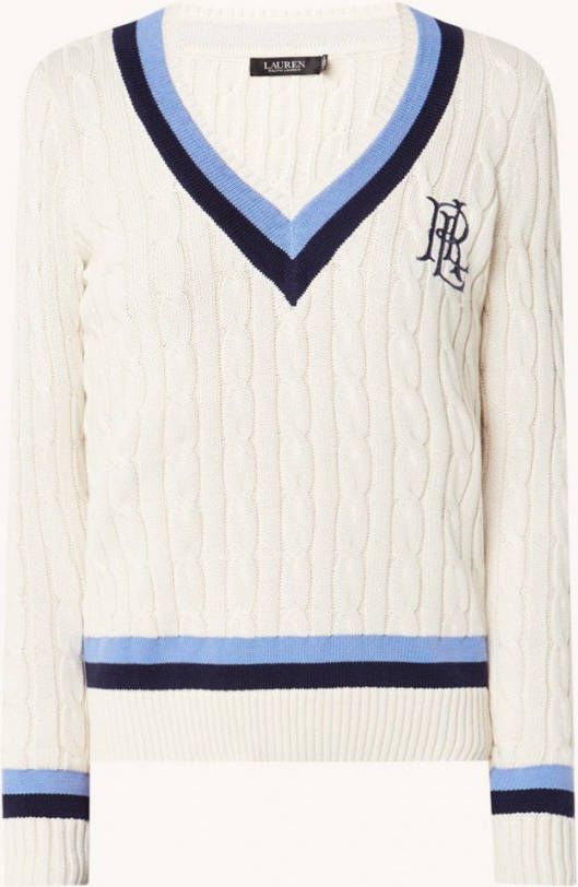 Ralph Lauren gebreide kabeltrui met borduursels ecru/lichtblauw/donkerblauw