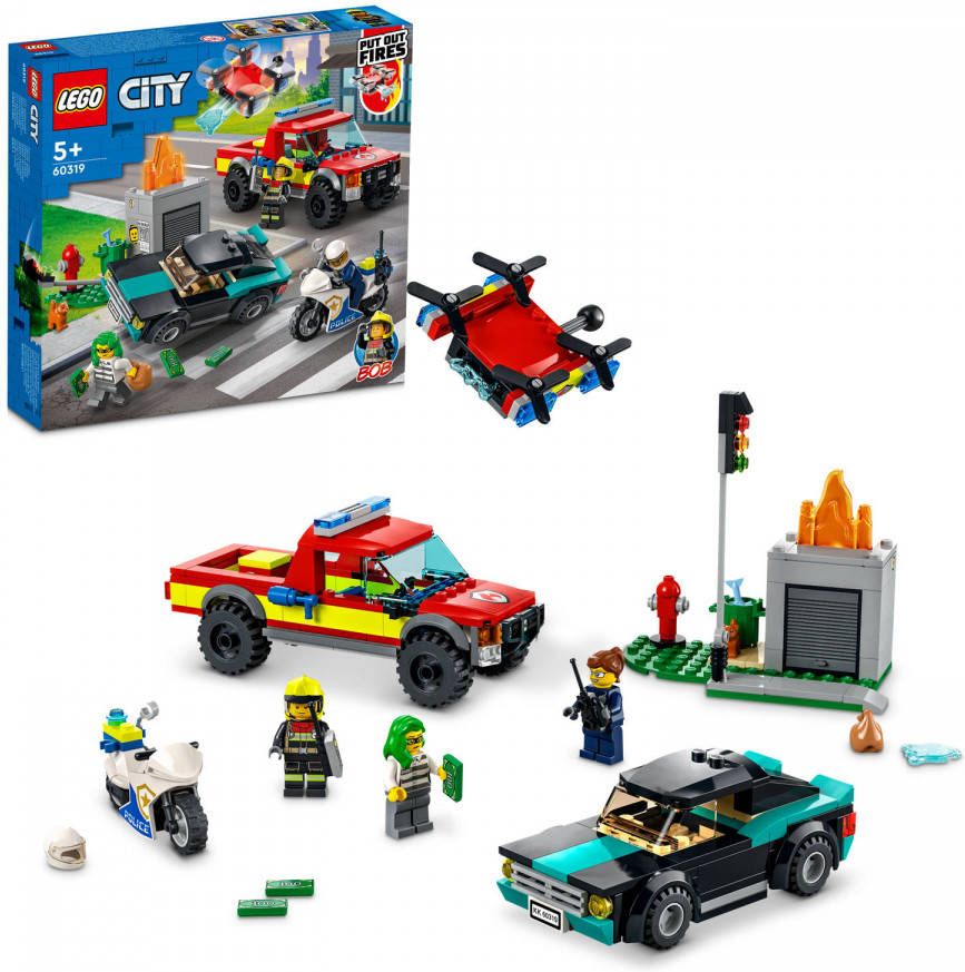 Lego 60319 City Brandweer & Politieachtervolging met Vrachtwagen, Auto en Motorfiets voor Kinderen van 5+, Speelgoed Politie