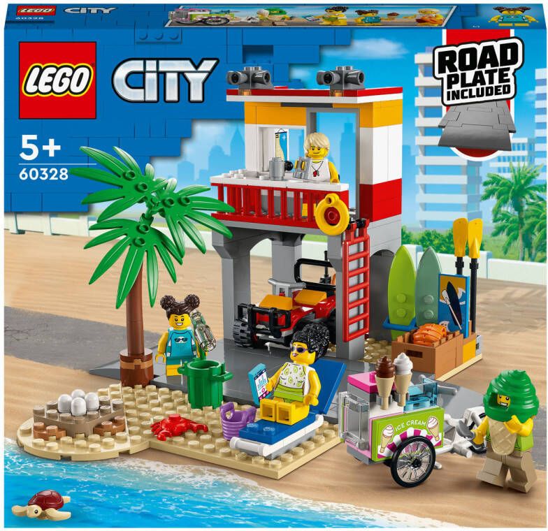 Lego 60328 City Strandwachter Uitkijkpost, Set met Terreinwagen, IJscowagen, Krab en Wegplaat, Cadeau idee voor Kinderen