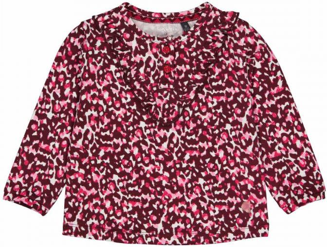 Quapi Mini longsleeve Nanet met panterprint en ruches donkerrood/roze
