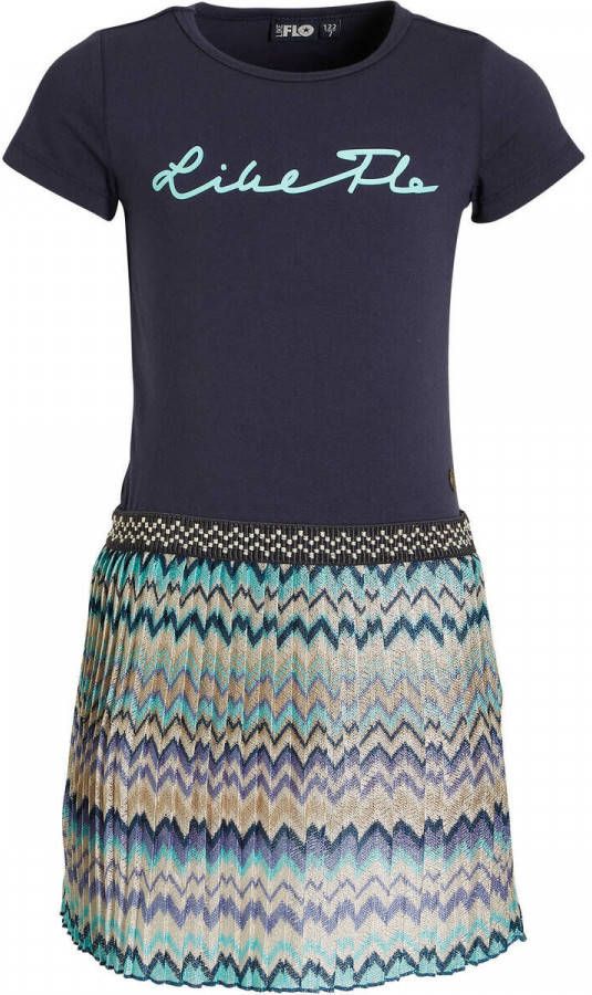 Like Flo jurk met all over print donkerblauw/blauw/ecru