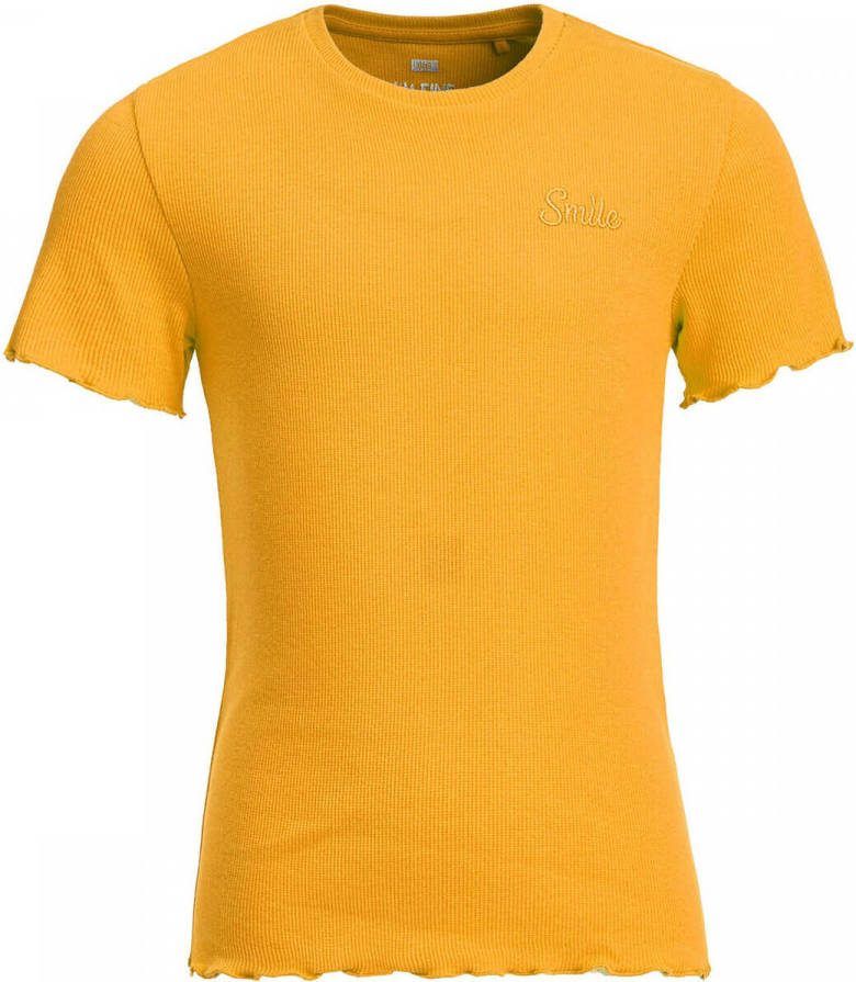 WE Fashion ribgebreid T shirt met borduursels oker geel