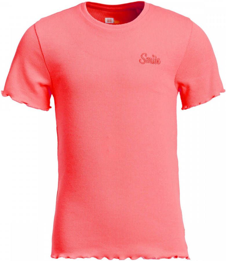 WE Fashion ribgebreid T shirt met borduursels roze