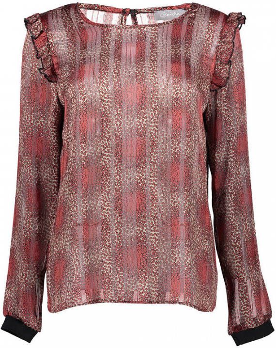 Geisha top met all over print en ruches rood/ecru