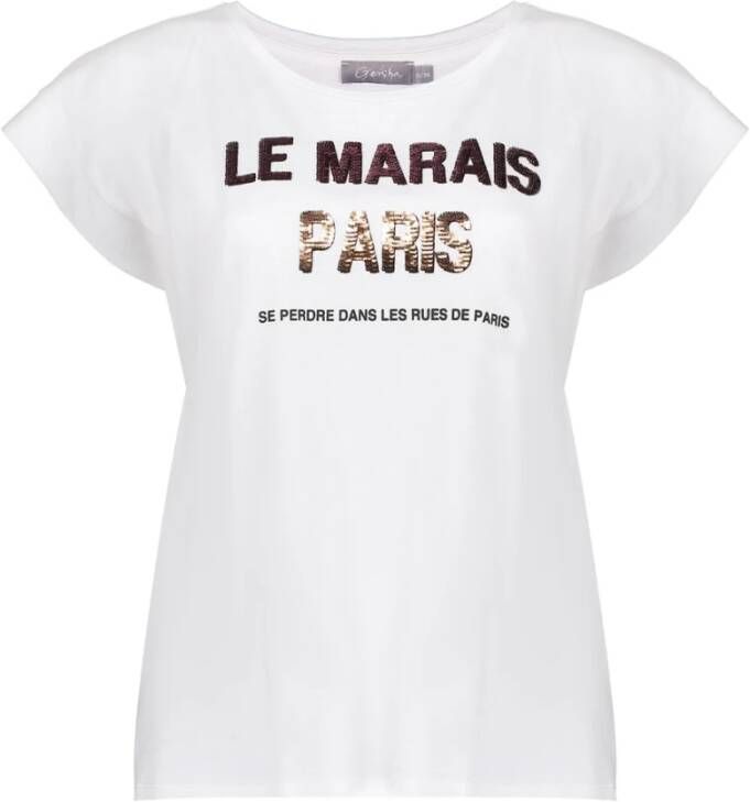 Geisha T shirt met tekst en pailletten wit