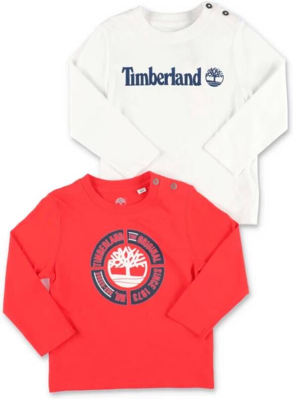 Timberland Set Due T Shirt Una Bianca Una Rossa in Jersey Di Cotone | Witte en rode katoenen jersey T shirt set , Wit, Unisex