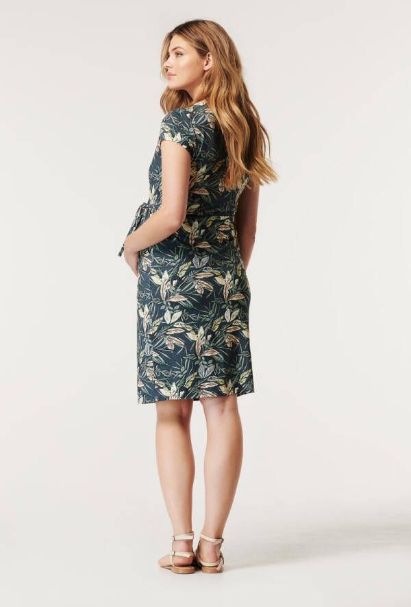 Noppies zwangerschaps en voedingsjurk Linden met bladprint en ceintuur blauw