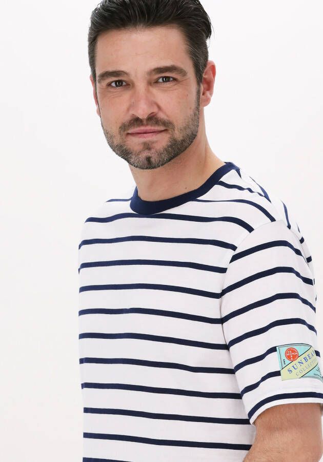 Scotch & Soda Blauw/wit Gestreepte T shirt Striped Jersey Crewneck T shirt With Badge In Organic Cotton