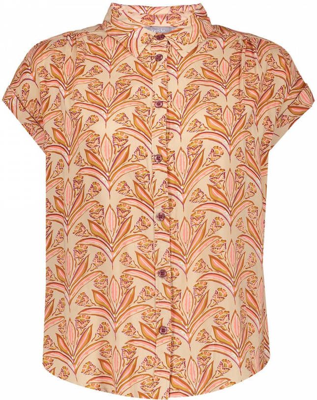 Geisha blouse met bladprint bruin/koraalrood/roze