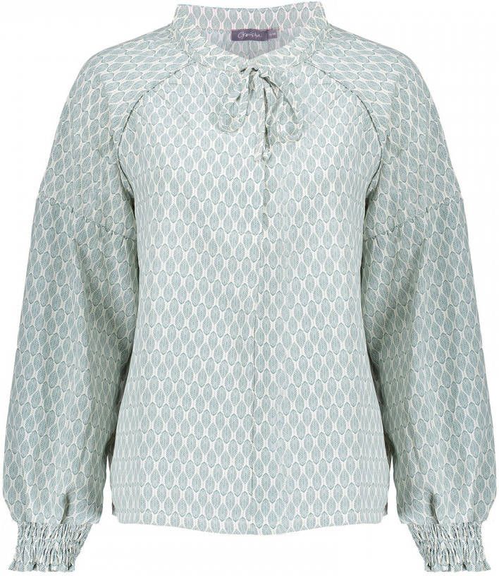 Geisha top met bladprint en plooien mintgroen/wit