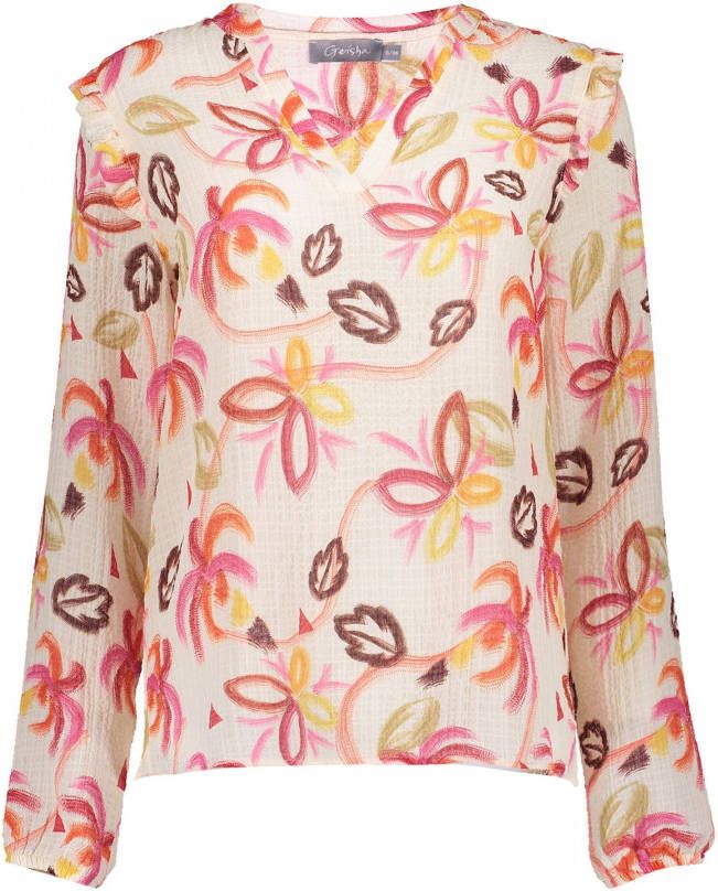 Geisha top met all over print en ruches gebroken wit/roze/oranje/bruin