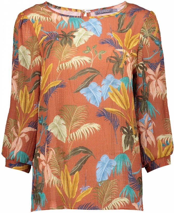Geisha top met all over print en textuur bruin/groen/blauw/ecru