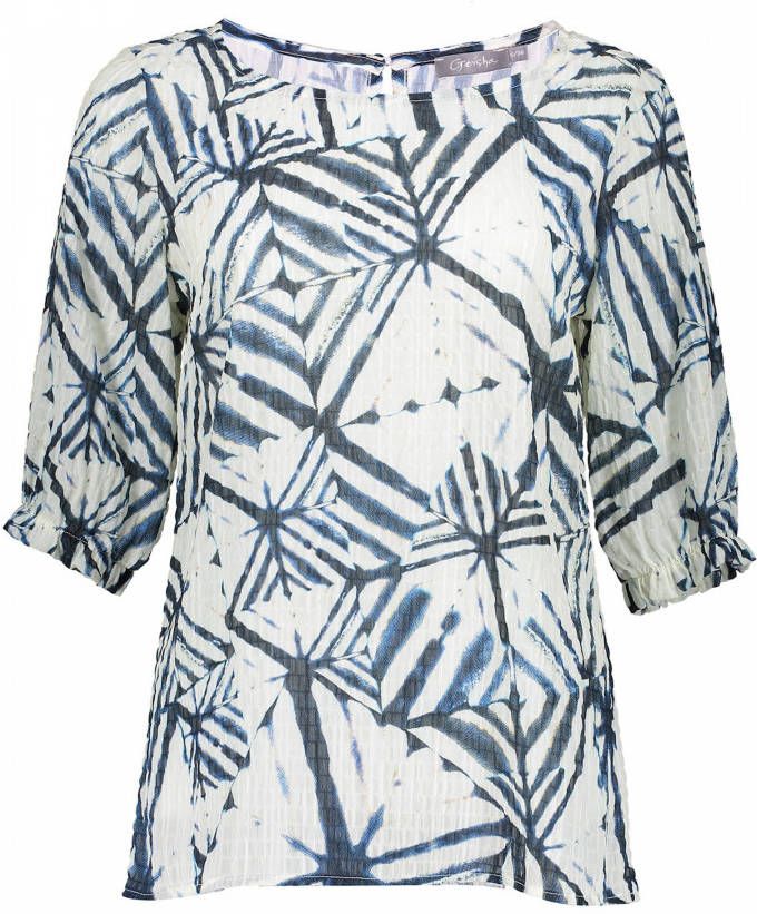 Geisha top met all over print en plooien gebroken wit/donkerblauw
