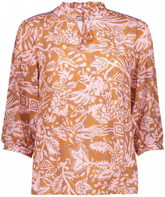 Geisha top met all over print roodbruin/roze/blauw