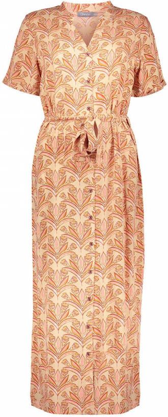 Geisha jurk met bladprint en ceintuur bruin/koraalrood/roze