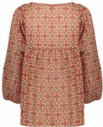 Geisha top met all over print en franjes zand/koraalrood