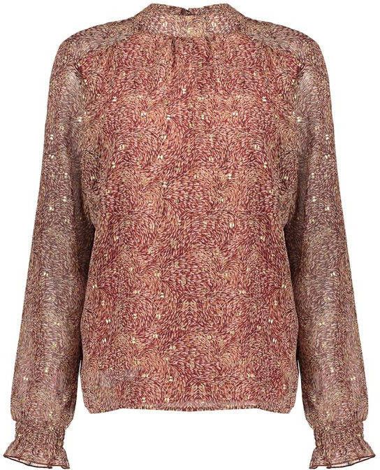 Geisha top met all over print en ruches rood/bruin