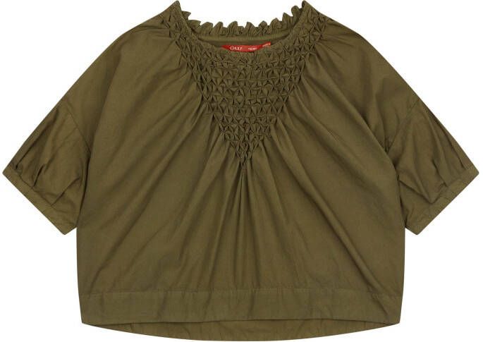 Oilily Boezeroen khaki blouse met hand gesmokte voorzijde
