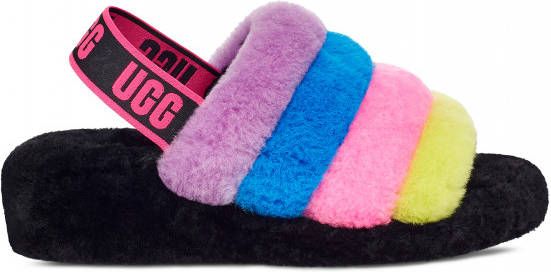 Ugg Fluff Yeah Logo Slide Sandalen in Black/Taffy Pink Multi,| Shearling
