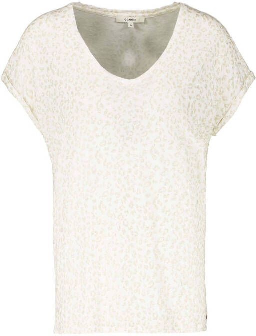 Garcia T shirt met panterprint en glitters ecru