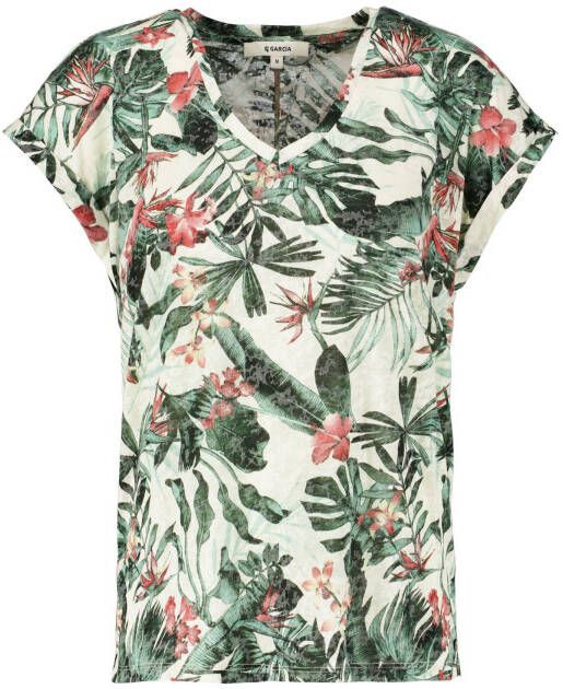 Garcia top met bladprint groen/ecru/roze