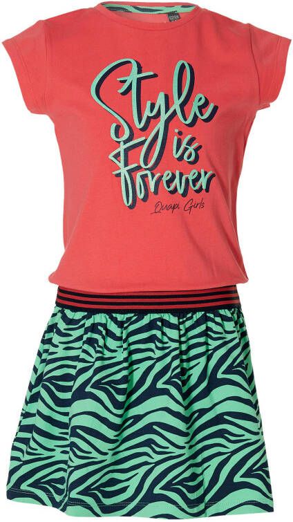 Quapi Girls jurk Wiese met printopdruk en ruches fuchsia/mintgroen/donkerblauw