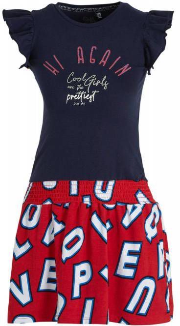 Quapi jersey jurk Wieke met all over print en ruches donkerblauw/rood