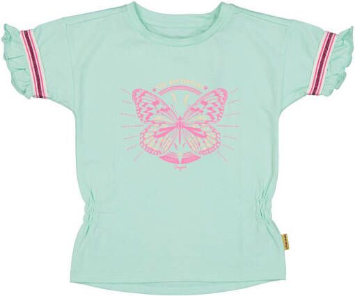 Vingino T shirt Hanna met printopdruk en ruches mintgroen/roze