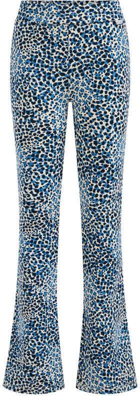 WE Fashion flared broek met dierenprint blauw/wit/zwart