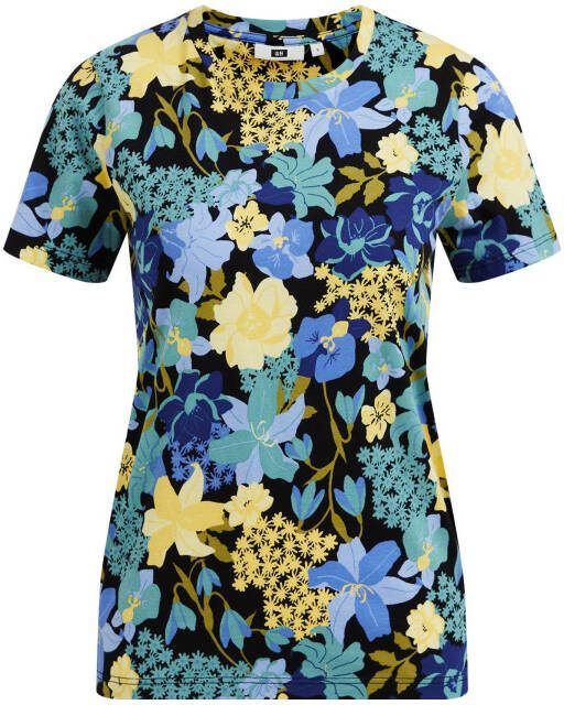 WE Fashion gebloemd T shirt blauw/zwart/geel