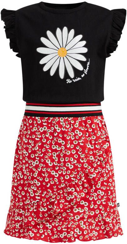 WE Fashion gebloemde jurk rood/zwart