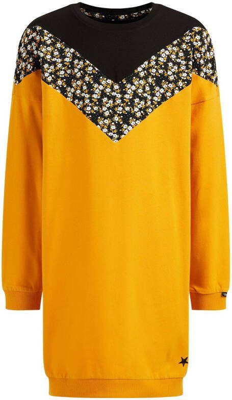 WE Fashion gebloemde sweatjurk geel/zwart