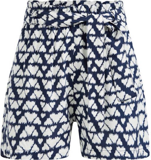 WE Fashion high waist straight fit short met all over print donkerblauw/wit
