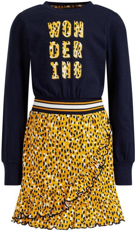 WE Fashion jurk met all over print geel/donkerblauw