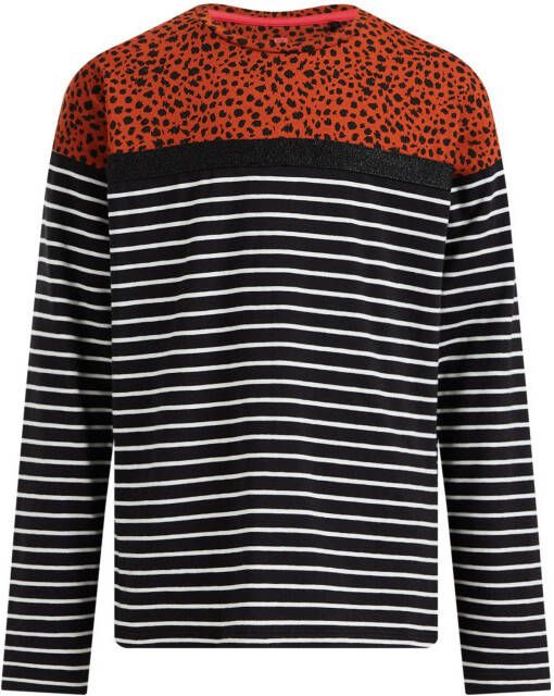WE Fashion longsleeve met all over print donkerblauw/wit/oranje