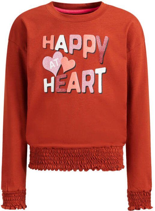 WE Fashion longsleeve met tekst en ruches bruin