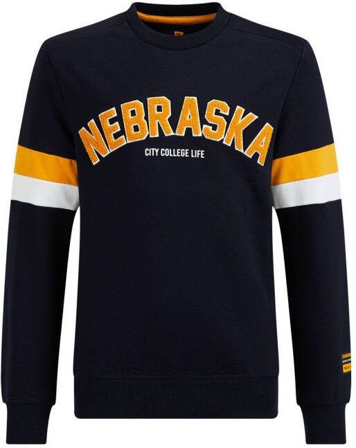 WE Fashion sweater met tekst donkerblauw/geel/wit