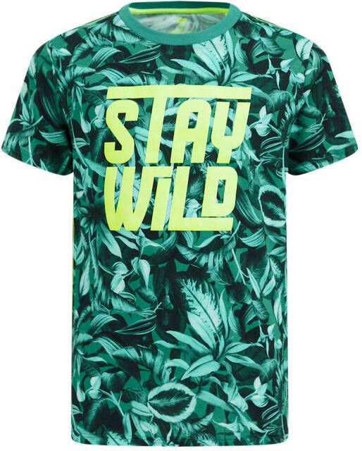 WE Fashion T shirt met bladprint groen/multi