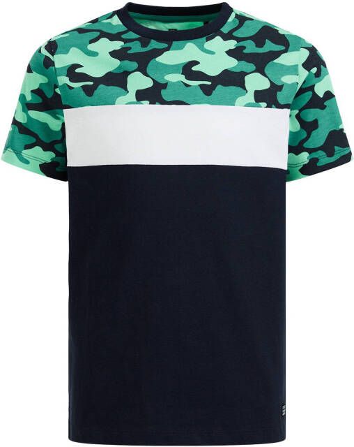 WE Fashion T shirt met camouflageprint groen/wit/zwart