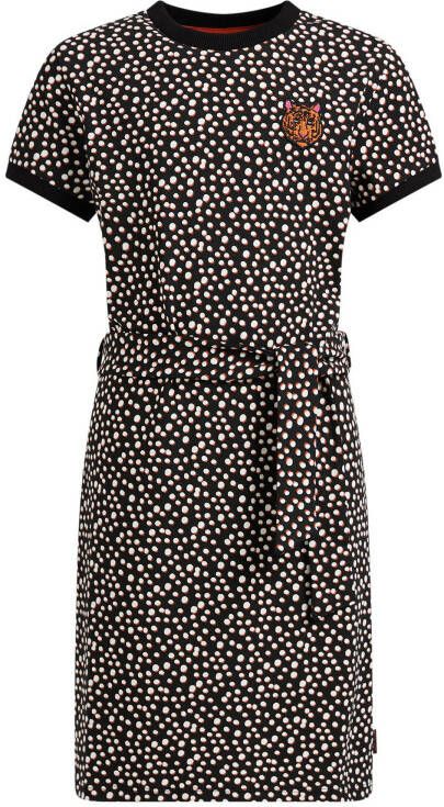 WE Fashion T shirtjurk met stippen en ceintuur zwart/wit